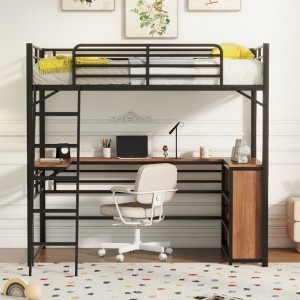 Twin Size Metal Loft Bed with 3 Layers of Shelves and L-shaped Desk, Black - 1 of 4