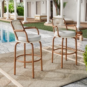 Set of 2 Outdoor Bar Stool Patio Counter Height Bar Stool Dining Chair Pub Stool with Cushion&Woven Rattan Rope, Black+Gray/Teak+ Beige-ModernLuxe - 1 of 4