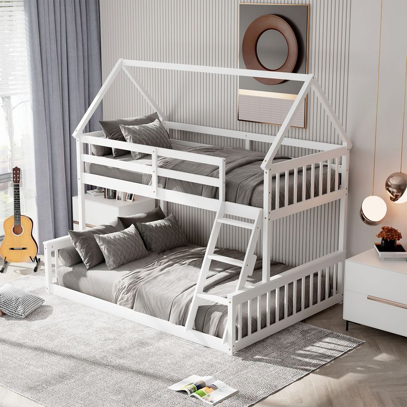 Costway Twin Over Full House Bunk Bed with Ladder & Guardrails Convertible to 2 Beds, 5 of 11