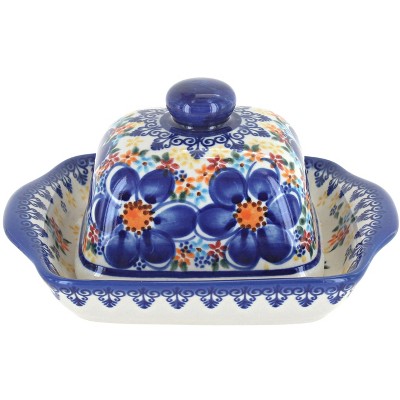 Blue Rose Polish Pottery Blue Dahlia Small Butter Dish