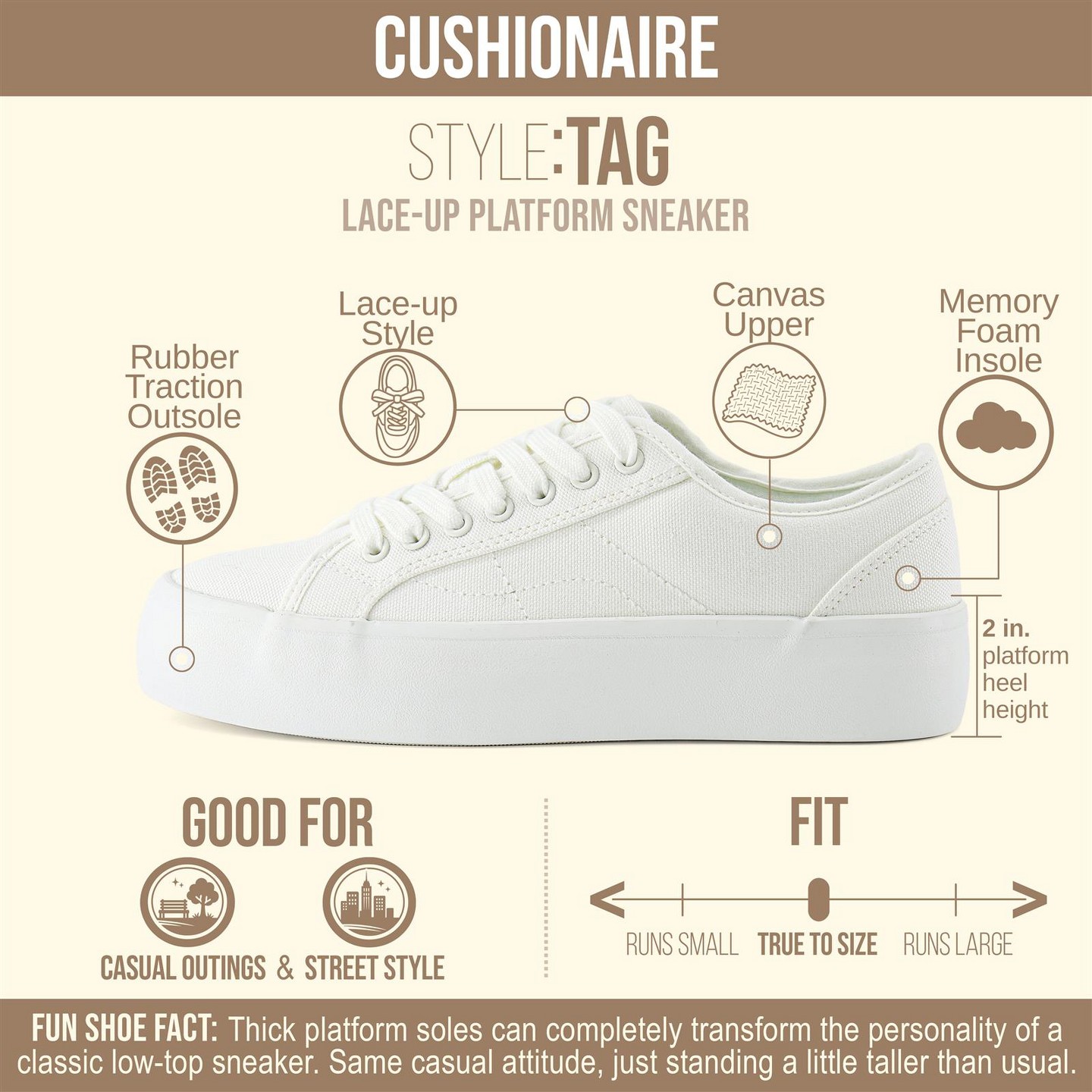 Женские кроссовки CUSHIONAIRE Tag Low top Canvas Sneaker +Memory Foam White Canvas, цвет: Белый — фото 2