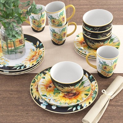 Sunflower Fields Ceramic 18oz Black and Yellow Mugs Set