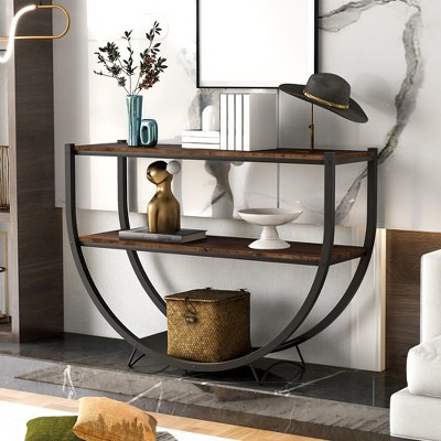 Entryway Table, Industrial Console Table with 3 Tier Open Storage Shelf Sofa Table for Entryway Metal Frame Sofa Table-Distressed Brown