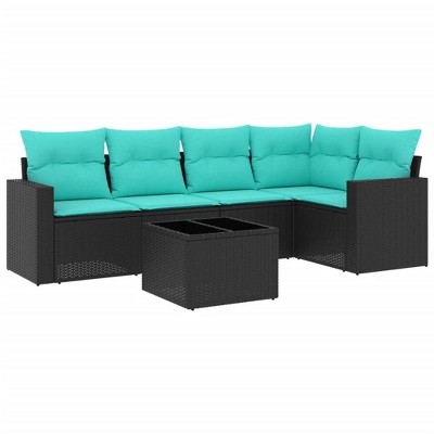 vidaXL 6 Piece Patio Sofa Set with Cushions Black and Blue - With Table