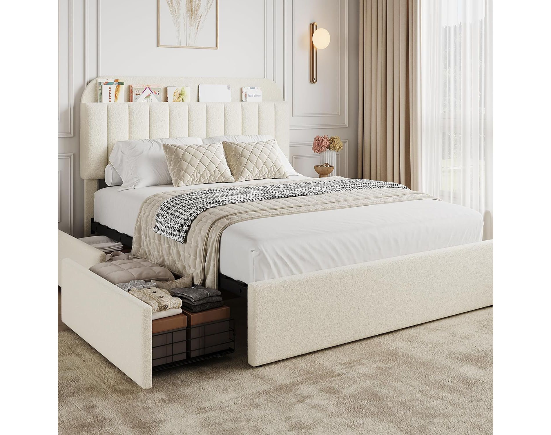 Bed Frame with Storage Headboard, Kids Bed Frame with 2 Drawers, Boucle Upholstered Platform Bed with Bookcase, No Box Spring Needed