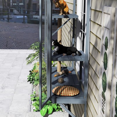 Gray Wooden Outdoor Catio with Jumping Platforms