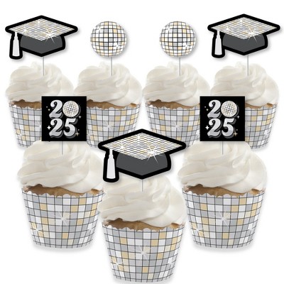 Big Dot of Happiness Disco Grad - Cupcake Decoration - 2025 Groovy Graduation Party Cupcake Wrappers and Treat Picks Kit - Set of 24