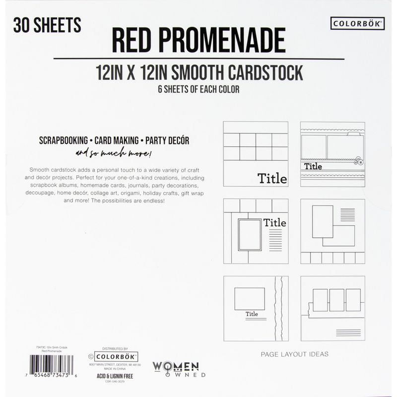 Colorbok 78lb Smooth Cardstock 12"X12" 30/Pkg-Red Promenade, 5 Colors/6 Each, 2 of 7