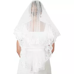 Sparkle and Bash 2 Tier Veil for Bride, White Lace Bridal Wedding Veil (34 In)