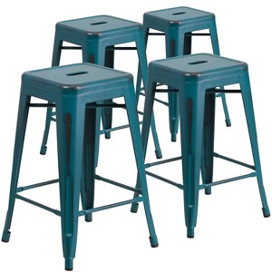 Emma and Oliver Commercial Grade 4 Pack 24" High Backless Distressed Metal Indoor-Outdoor Counter Height Stool - 1 of 4