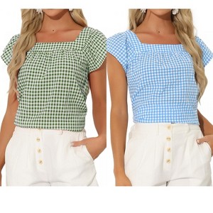 INSPIRE CHIC Women's Summer Square Neck Gingham Cap Sleeve Blouses 2 Packs - 1 of 4