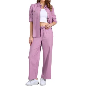 Allegra K Women's Linen Set Button Down Shirt and Drawstring Wide Leg Pants Casual Outfits 2 Pcs - 1 of 4