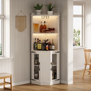 JANSNO 67.3" White Corner Wine Bar Cabinet with Lights, Power Outlet, Adjustable Shelves & Glass Rack - 1 of 4