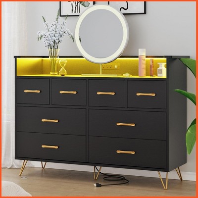 Homhougo Dresser for Bedroom with LED Light & Charging Station, 8 Drawers Wooden Dressers with Open Space Black