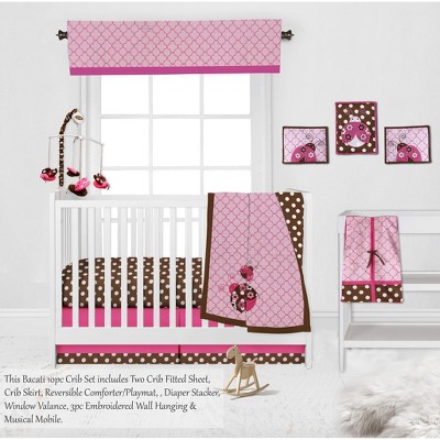 Bacati - Ladybugs Pink Chocolate 10 pc Crib Bedding Set with 2 Crib Fitted Sheets