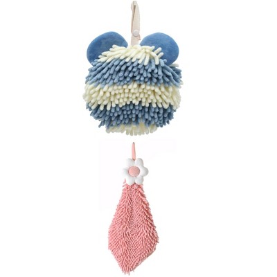 REGALWOVEN Soft Absorbent Cute Fuzzy Hanging Decorative Bathroom Chenille Hand Towel 6" x 15"/7" x 7" 2 Packs