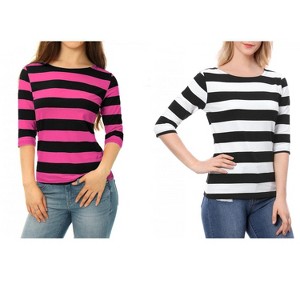 Allegra K Women's Casual Basic Elbow Sleeves Boat Neck Slim Fit T-Shirts 2 Packs - 1 of 4