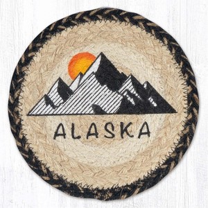 Earth Rugs Alaska Round Coaster – 7" Jute Braided Mat Featuring Moose, Bear & Mountain Silhouette in Rustic Forest Scene - 1 of 3