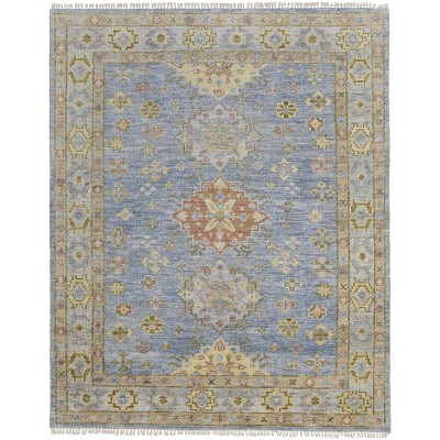Green Blue and Yellow Wool Geometric Hand Knotted Area Rug With Fringe