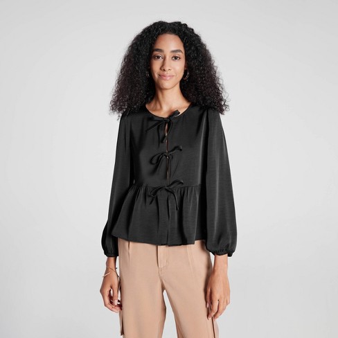 Women's Ballon Long Sleeve Tie Front Blouse - A New Day™ - image 1 of 4