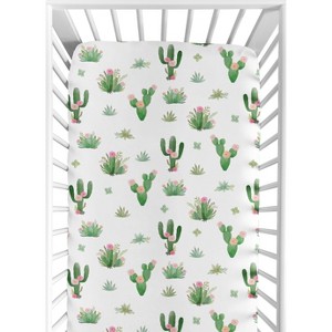 Sweet Jojo Designs Girl Baby Fitted Crib Sheet Cactus Floral Pink Green and White - 1 of 4