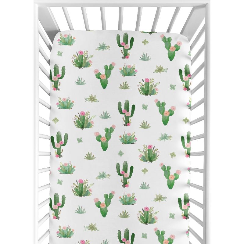Sweet Jojo Designs Girl Baby Fitted Crib Sheet Cactus Floral Pink Green and White, 1 of 8
