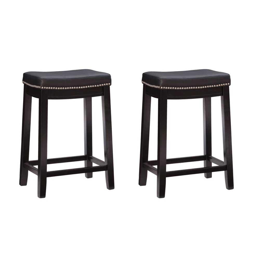 Photos - Chair Linon Set of 2 Claridge Faux Leather Nailhead Counter Height Barstool addle 26" - : Rubberwood Frame, Footrest 