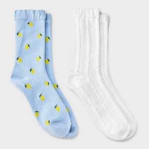 Women's Lemons 2pk Crew Socks with Ruffle Cuff - Auden™ Blue/White 4-10 - 1 of 3