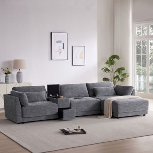 YOOCOZZ 4-Seat Chenille Sectional L-shaped Sofa with Storage Console, USB and Movable Ottoman, 124” - 1 of 4
