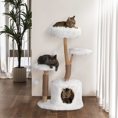 FURNIinspire Pet Tower Modern Cat Tree, Natural Branch Cat Tower, Luxury Cat Condo, Indoor Cat Furniture, Kitten Cat Gift, White, 34"*17.72"*41.73"