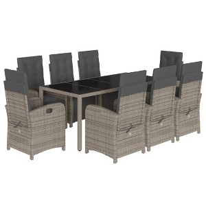vidaXL 9 Piece Patio Dining Set - Gray Poly Rattan Outdoor Furniture - Cushions, Adjustable Reclining Chairs, Glass Tabletop, Removable Covers - 1 of 4