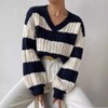 Women's V-Neck Striped Sweater - Oversized Retro Knit Pullover for Casual Comfort (S-XL) - 2 of 4