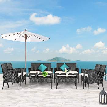Costway 8PCS Patio Rattan Furniture Set Cushioned Sofa Coffee Table Backyard Turquoise/Red/Grey/White/Navy