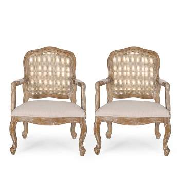 Set of 2 Andrea French Country Wood and Cane Upholstered Dining Armchairs - Christopher Knight Home