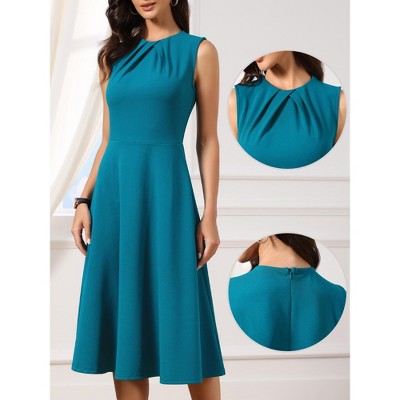 Женские платья INSPIRE CHIC Women's Crew Neck Sleeveless Work Elegant Party Cocktail Pleated A-Line Midi Dresses Peacock Blue Small — фото 2