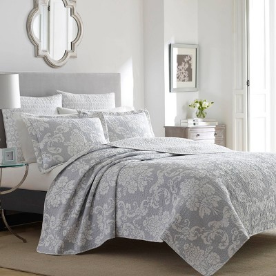 Gray Twin Cotton Reversible Quilt Set with Floral Pattern