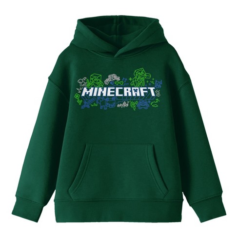 Minecraft Doodle Logo Long Sleeve Forest Green Youth Hooded Sweatshirt Target