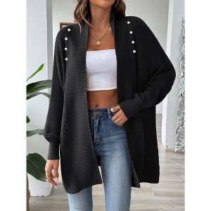 Women's Pearl Embellished Cardigan Loose Fit Longline Open Front Knit Sweater - 1 of 3