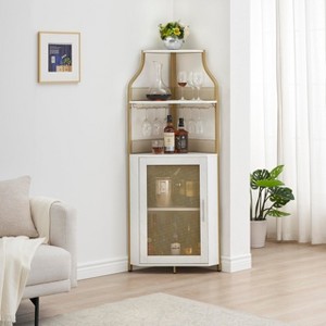 5-Tier Corner Bar Cabinet with Glass Holder & Barn Door, Farmhouse Liquor Storage with Adjustable Shelf for Kitchen, Dining Room, Home Bar, Gold - 1 of 4