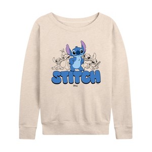 Women's - Disney - Stitch Group Lightweight French Terry Wide Neck Long Sleeve Graphic Shirt - 1 of 4