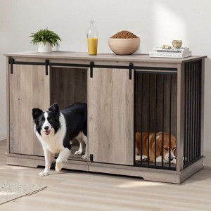 GOTGELIF Multi-Functional 61" Wooden Dog Kennel Double Dog Crate Furniture for 2 Large Dogs - 1 of 4