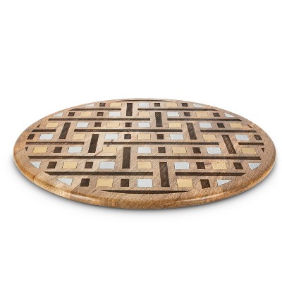  GG Collection Mango Wood with Laser and Metal Inlay Weave Design Lazy Susan. 