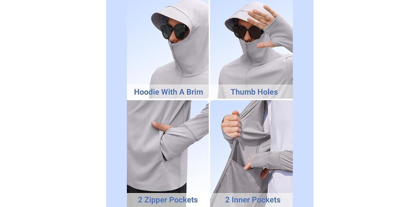 Мужские худи COOFANDY Men UV Jacket Sun Protection for Men Zip Up Lightweight Sun Long Sleeve Sun Shirt Running Fishing Hiking Light Grey, цвет: Светлый серый — фото 4