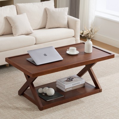 Bekrvio 39.4" Modern Farmhouse Coffee Table, 2-Tier Rectangle Wood Center Table with Storage & Unique X-Shaped Legs for Living Room Home Office