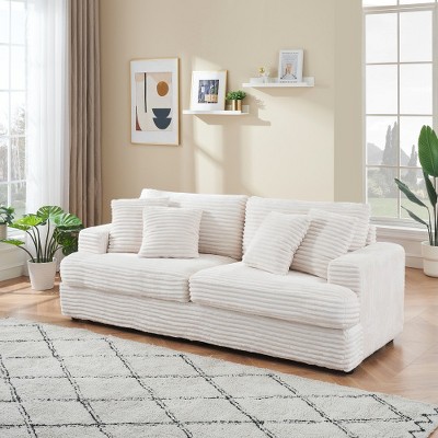 Modern 88.6" Corduroy Deep Seat Sofa Bed with 4 Throw Pillows, Comfy 3-Seater Reclining Couch for Living Room or Small Spaces – The Pop Home