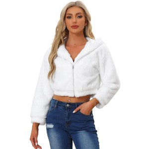 INSPIRE CHIC Women's Casual Hooded Zip Up Long Sleeve Cropped Faux Fur Jacket - 1 of 4