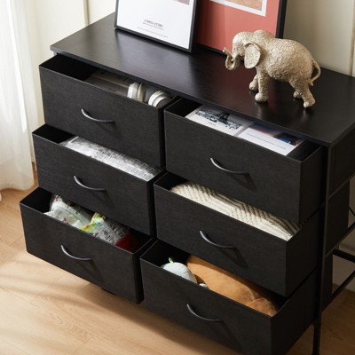 Black Metal Frame 6-Drawer Fabric Dresser with Wooden Top