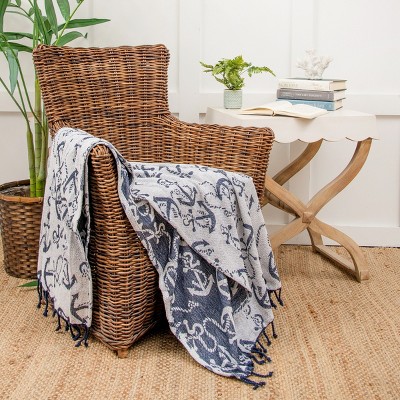Navy and White Cotton Nautical Anchor Throw Blanket with Fringe