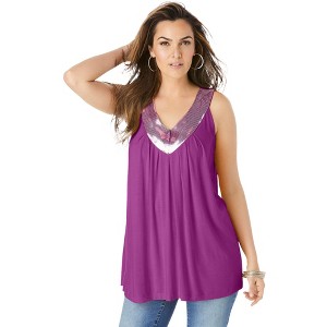 Roaman's Women's Plus Size Embellished Tank Top - 1 of 4