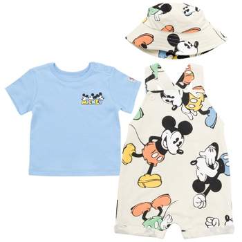 Disney Mickey Mouse Baby French Terry Short Overalls T-Shirt and Hat 3 Piece Outfit Set Newborn to Infant